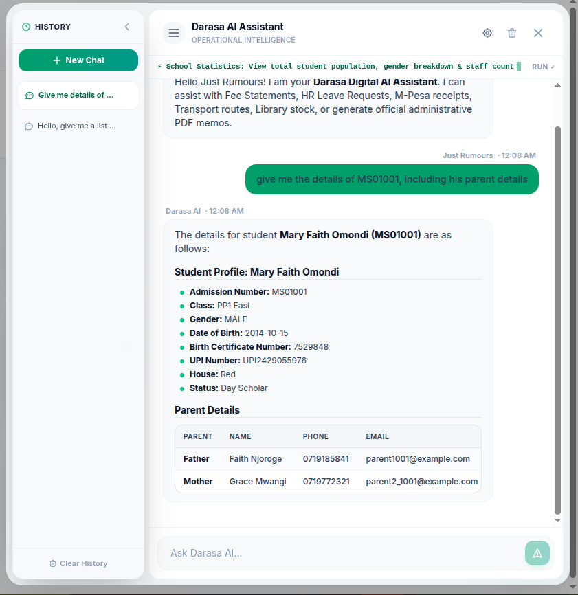 Darasa AI Assistant showing student profile and parent details lookup